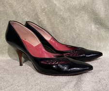 Vintage 1960s Johansen Black Patent Leather Pumps Spike Heel Shoes 8.5 Mad Men