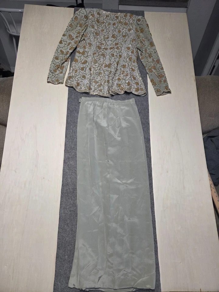 Jaqueta casaco feminina estampada longa linha A saia verde sálvia zíper trabalho manual - Imagem 2 de 4