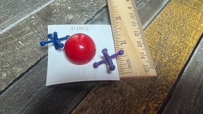 Vintage Balls And Jacks Set Of 3 Pins New On Card Purple Blue