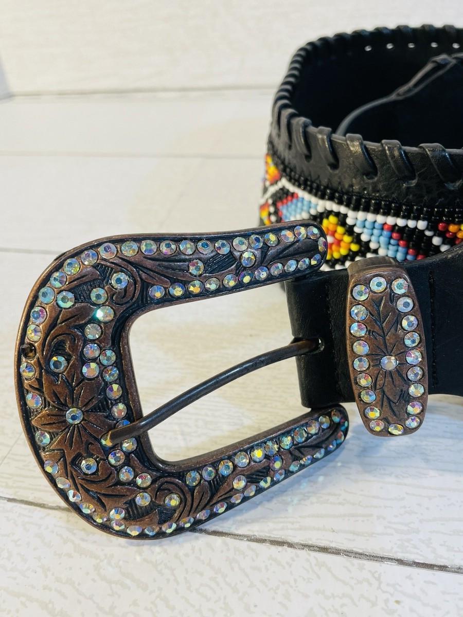 Womens Beaded Western Black Leather Extra Wide Belt Size 42  display picture 2