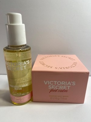 Victoria's Secret Feel Calm Coconut Milk Rose Body Oil Whipped Scrub Bundle of 2