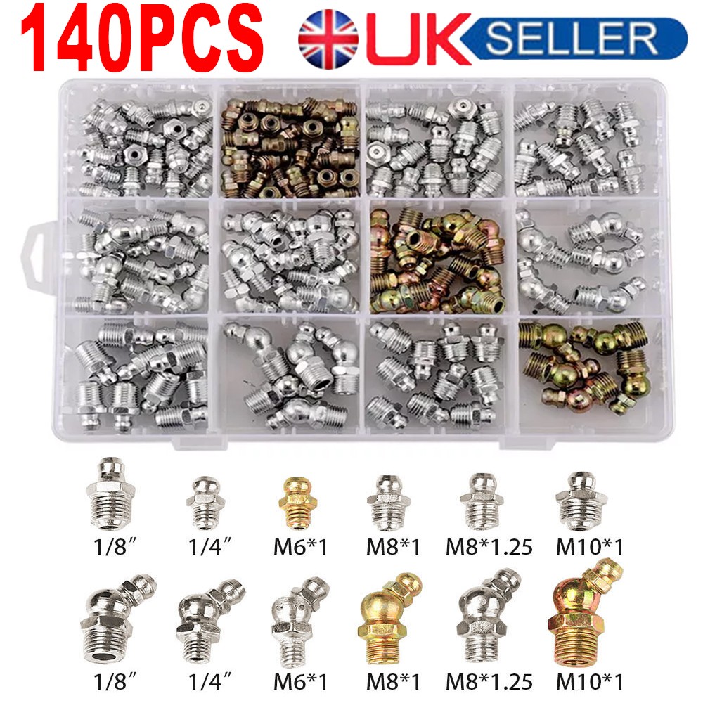 140Pcs Assorted Box of Grease Nipples (Metric & Imperial) Popular M6 M8 M10 1/8