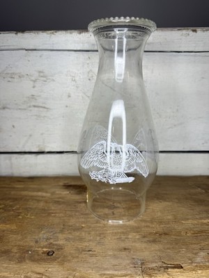 Vintage Glass Oil Lamp Chimney w/ American Eagle Design Beaded Top 8.5 H 3  Base