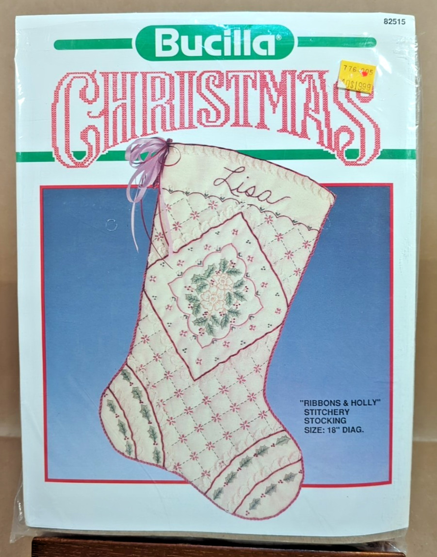 Vintage Bucilla Christmas Ribbons & Holly Stitchery Stocking