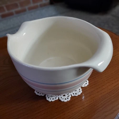 Vintage Stoneware Batter Bowl – Pink & Blue Bands – 8" Wide – Dual Pour Spouts –