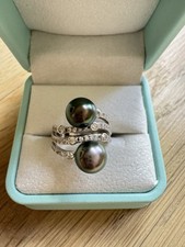 Rare Double Tahitian Pearl Ring 2x9mm Peacock Green Platinum Gray Overtone