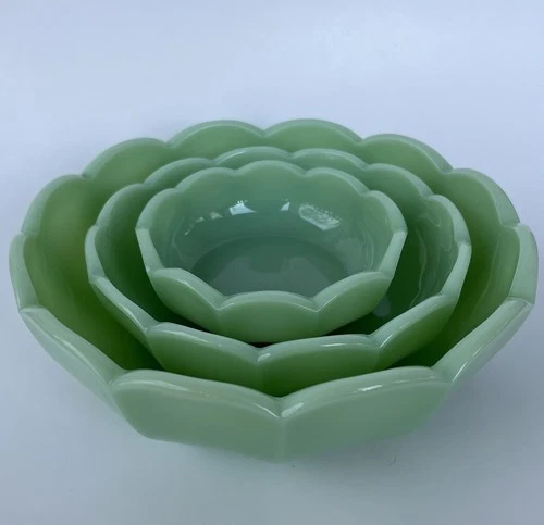 Set of 3 Vintage Jadeite Scalloped Bowls Set of 4" 6" 8" Mosser Fire King Style