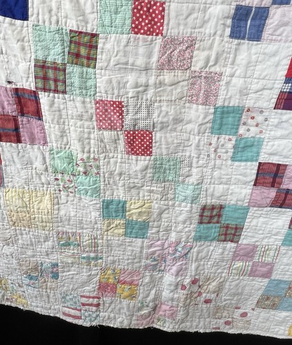 Vtg Postage Stamp Nine Patch Quilt 71x66Feedsack Hand Stitched Cutter Colorful - Picture 8 of 11