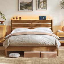 SONGMICS Home Queen Bed Frame with Headboard, LED Lights  Charging Station, ...