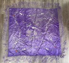 Vintage Cantonese Silk Embroidered Piano Shawl Manila Chinese Fringe Bird Floral