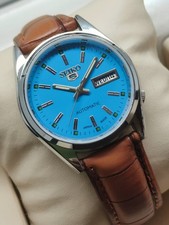Vintage Seiko 5 Automatic Men's Watch Blue Dial Day  Date Round 36 Mm Case