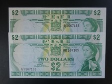 2No. CONSECUTIVE 1974 FIJI $2 BANKNOTES (FIJI/PACIFIC) FRESH ORIGINAL aUNC