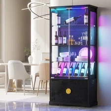 Gurexl Display Cabinet with Glass Doors- 2 Drawers and Adjustable Glass Height