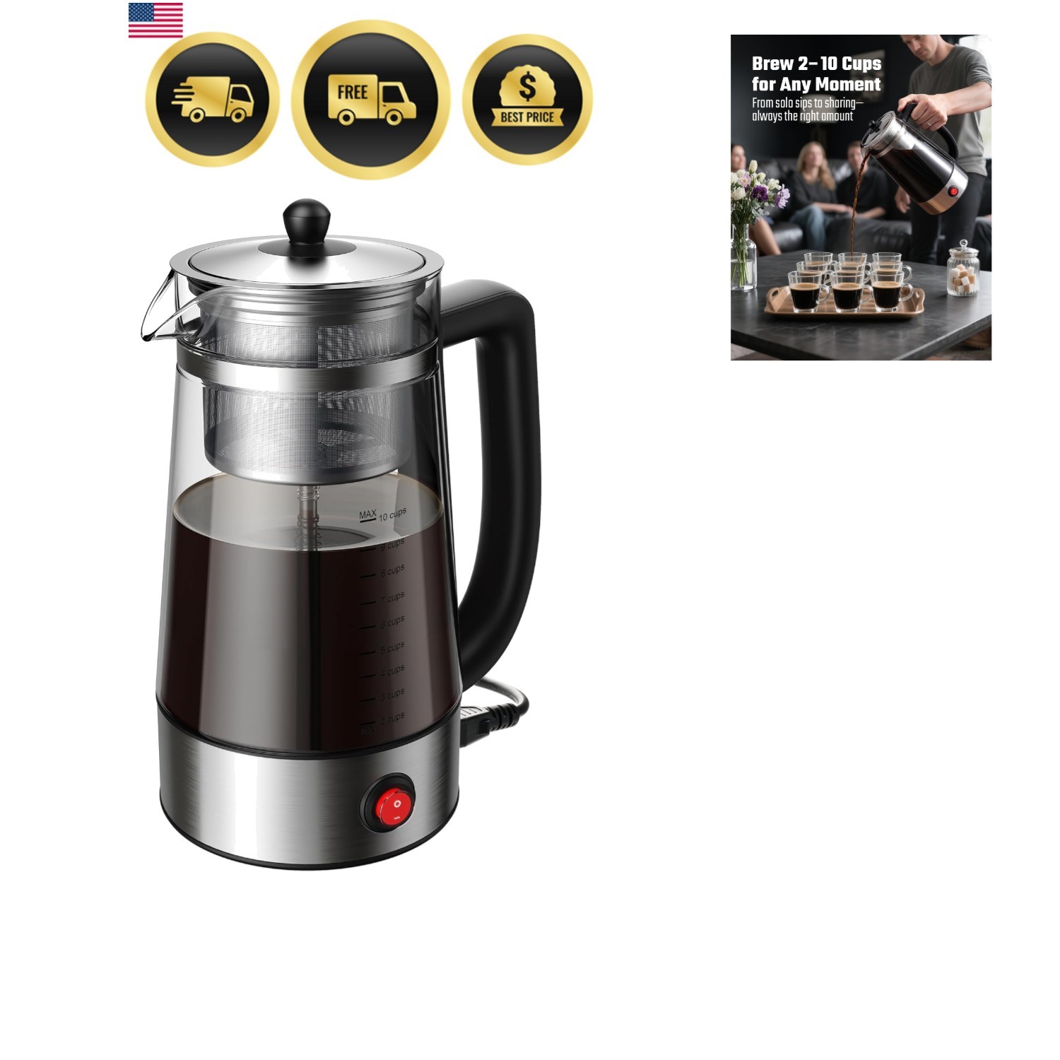 Percolator Coffee Pot Electric Coffee Maker, Brews 2&ndash;10 Cups, Auto Keep Warm,...