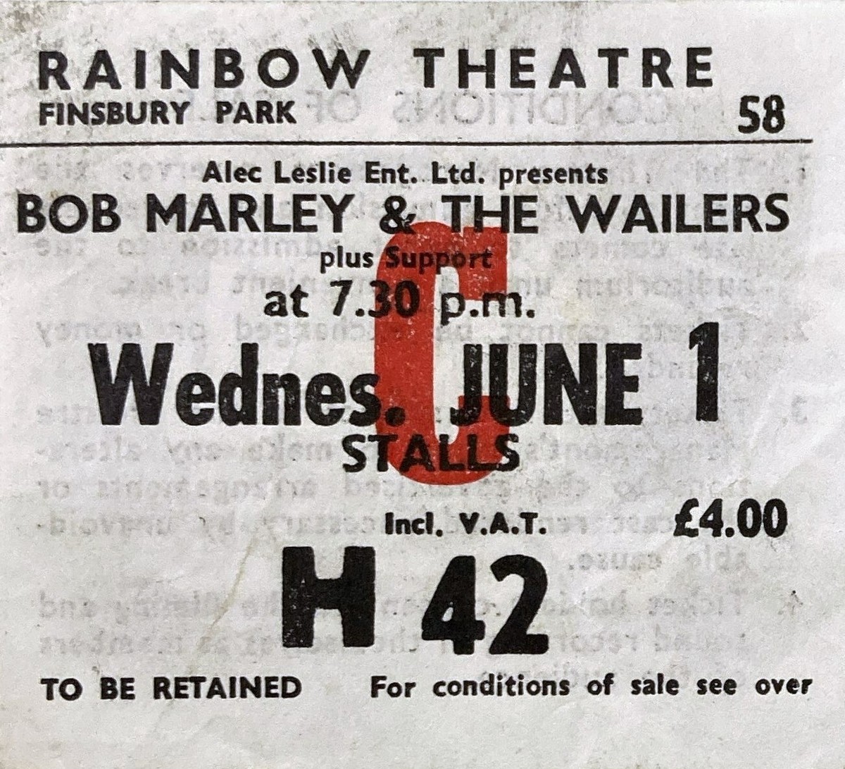 BOB MARLEY & THE WAILERS Concert Ticket Rainbow, London 1977 - 4