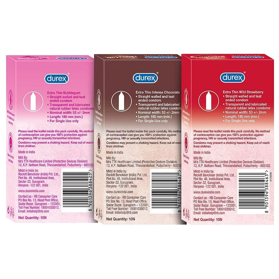 Durex Extra Thin Condoms 10 Count Pack of 3 Flavored Bubble Gum Chocolate Str... - Image 3 of 3