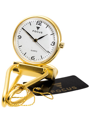 FOCUS:CLIP ON, OR GOLD FINISH  METAL MINI CLOCK WHITE FACE ANALOG QUARTZ WATCH