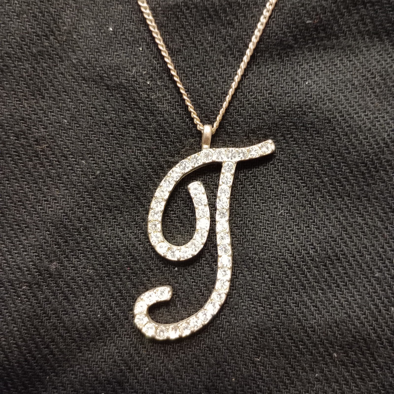 Silver Tone Cursive Letter T Initials Rhinestones… - image 2