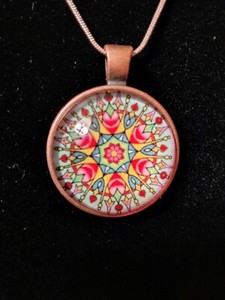 Authentic Hearts Flowers Mandala Glass Cabochon Pendant 18" Rose Gold-Plated Snake Chain