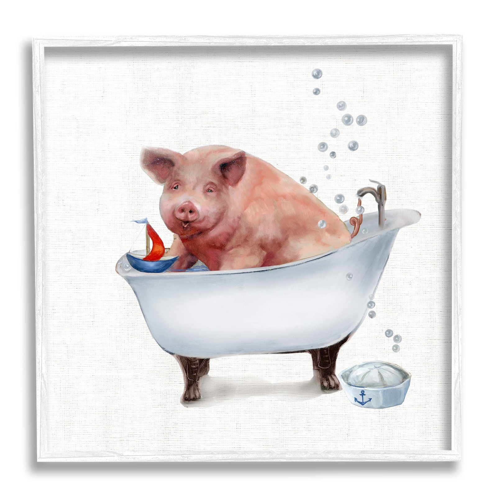 Large Farm Pig in Bathtub Sailors Hat Bubbles Wall Art, 17 x 17, White Framed
