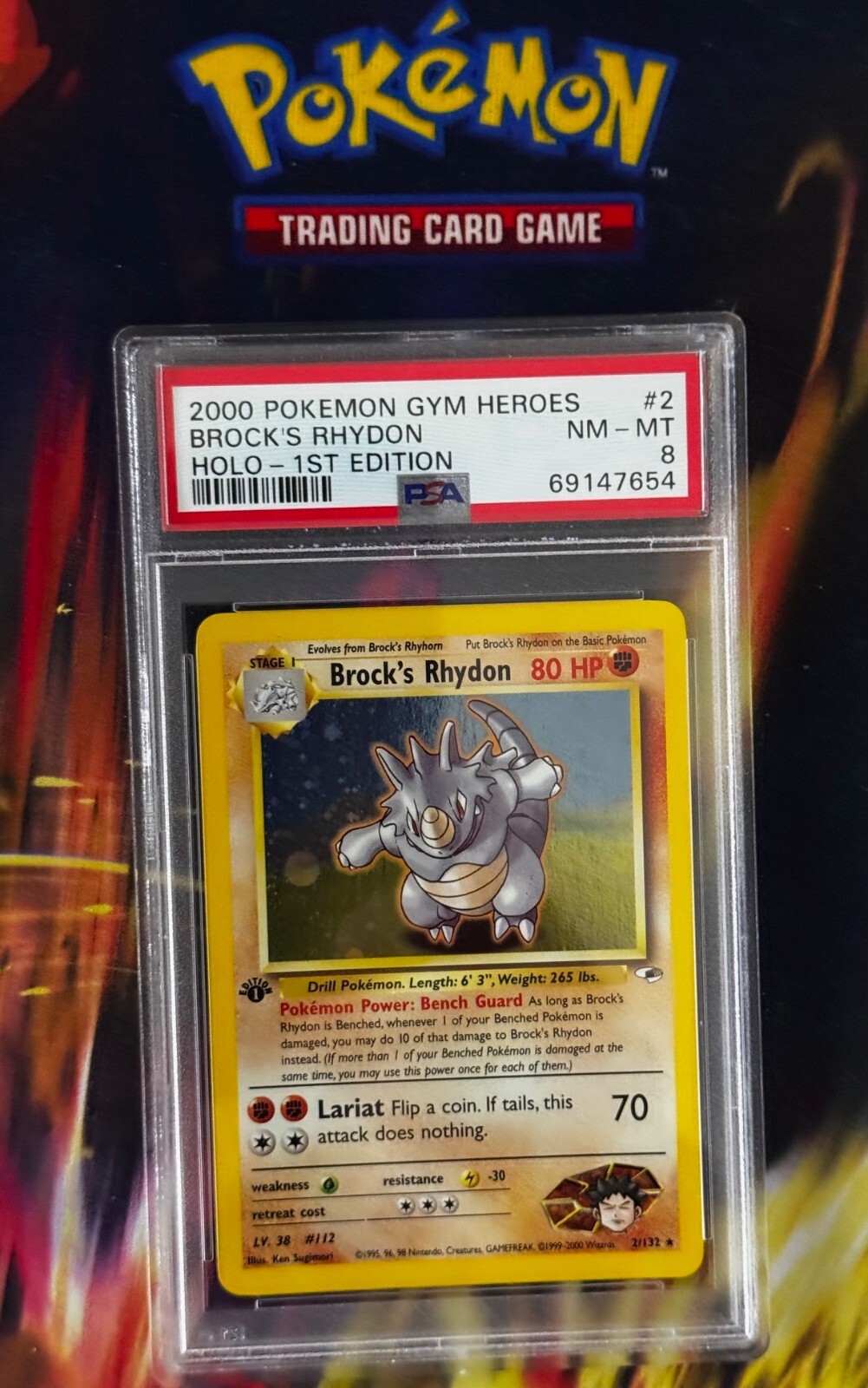 2000 Pokémon GYM HEROES BROCK'S RHYDON HOLO 1ST EDITION # 2 PSA 8 SWIRLE