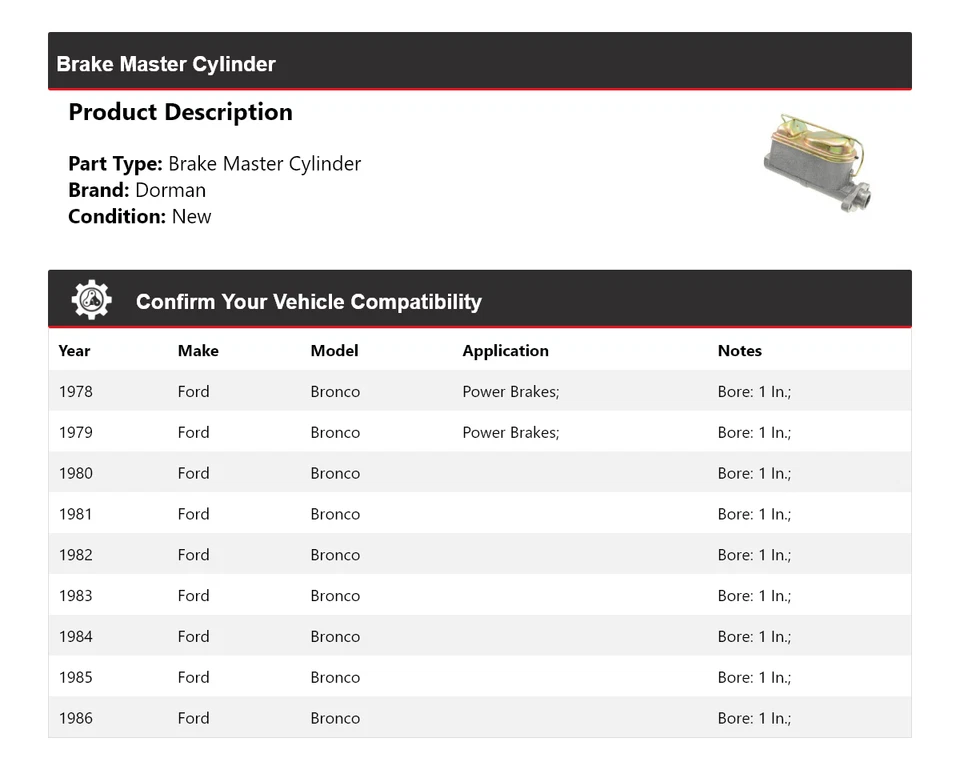 Главный цилиндр тормоза для 1978-1986 Ford Bronco Dorman 1979 1980 1981 1982 1983 - Изображение 2 из 4