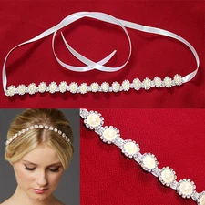 CRYSTAL BEADED WHITE IVORY SATIN RIBBON HEAD BAND HAIR BAND WEDDING BRIDAL PARTY