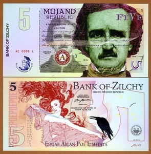 Mujand Republic, 5 Zilchi, 2015, Edgar Allan Poe, UNC Limited Issue POLYMER