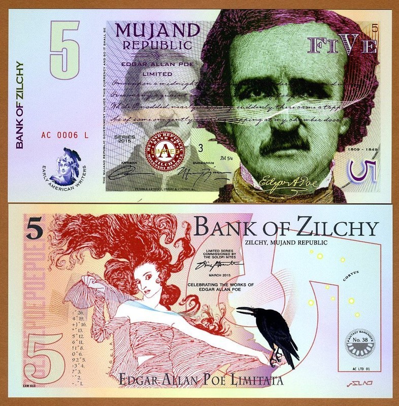 Mujand Republic, 5 Zilchi, 2015, Edgar Allan Poe, UNC Limited Issue POLYMER
