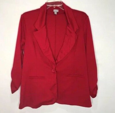 Vanity Woman s Blazer sz XL Red Knit 3/4 Ruched Sleeves Single Button Career