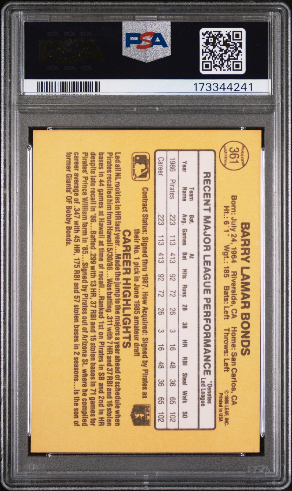 1987 DONRUSS #361 BARRY BONDS ROOKIE RC PSA 7 view 2