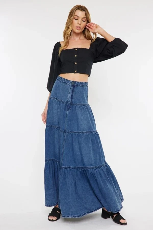 Maxi Falda KanCan Talla L Thalia Denim En Niveles Lavado Oscuro Cremallera-Mosca Cottagcore Foto 2 de 4