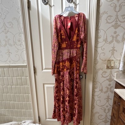 Free People Floral Maxi Dress Long Sleeve Tie Waist Red Orange Pink S/P |  eBay