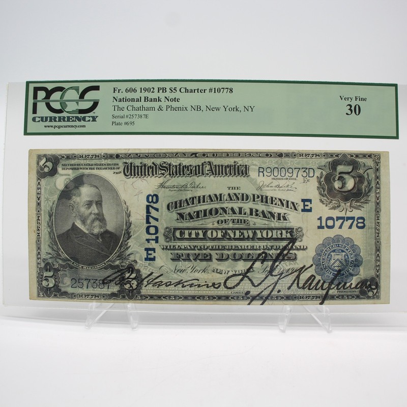 1902 $5 Chatham & Phenix NB, New York, NY National Bank Note PCGS VF30 NR #C-376