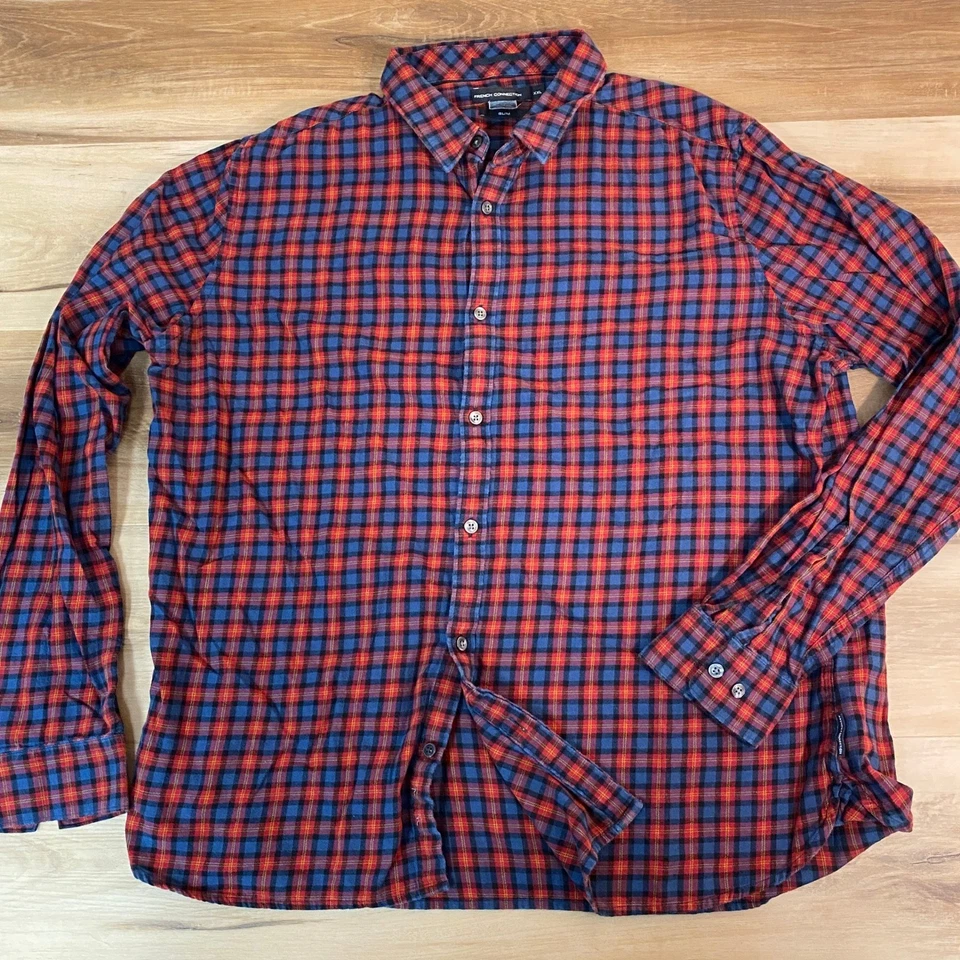 Camisa French Connection Para Hombre XXL Roja Azul A Cuadros Calce Ajustado Manga Larga Con Botones Foto 2 de 4