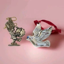 Vintage Pewter Metal Grenadier Drummer Boy & Silver Peace Dove Ornaments (2)