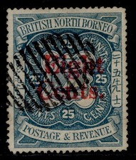 NORTH BORNEO QV SG52, 8c on 25c indigo, USED. Cat &pound;150.