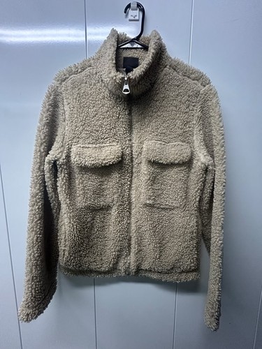 H&M Men Sherpa Fleece Jacket Beige Medium Regular Fit Zip Flap Pockets Cozy Warm