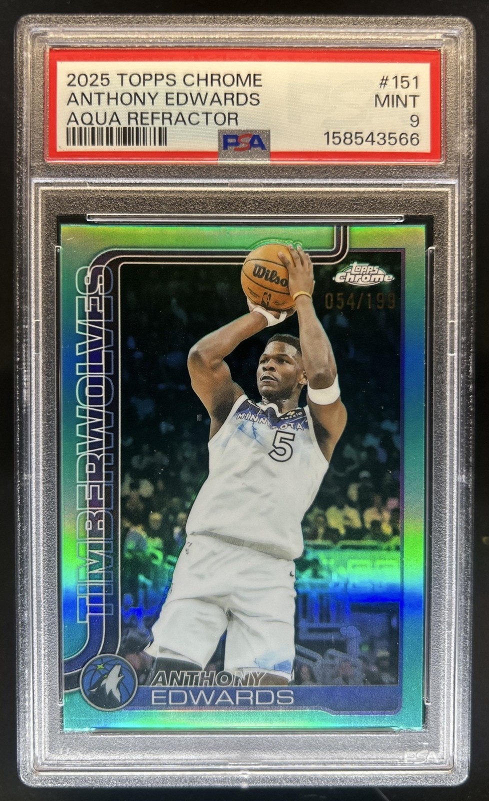 2025-26 Topps Chrome Anthony Edwards Aqua Refractor #/199 Timberwolves PSA 9