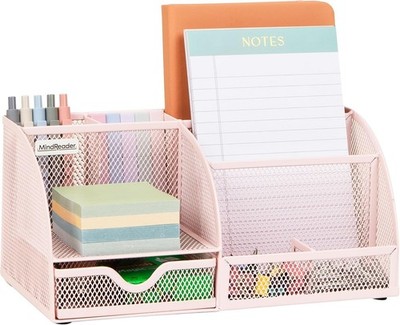 Mind Reader 7-Compartment Desk Organizer Metal Mesh Pink