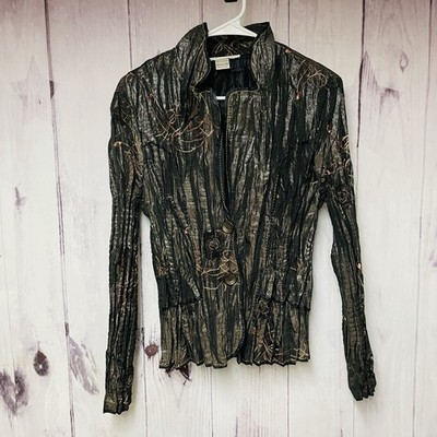 Alberto Makali Blazer Women's Large Crinkle Button Jacket Boho Brown Embroidered