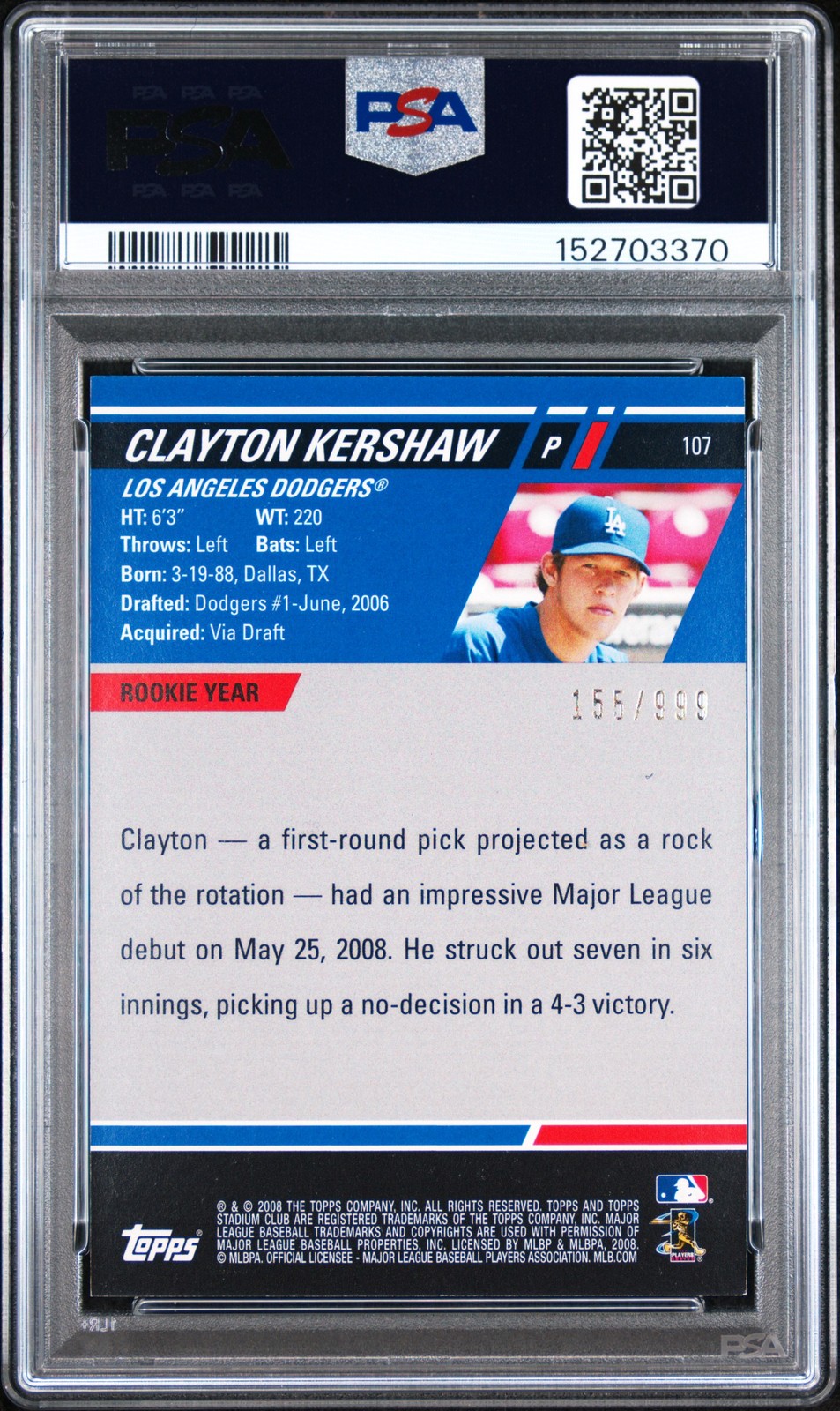 2008 STADIUM CLUB VARIATION #107 CLAYTON KERSHAW ROOKIE RC 155/999 PSA 7 view 2
