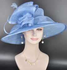 Elegant Light Blue Sinamay Wide Brim Derby Hat,Kentucky Derby, Wedding Ascot Hat