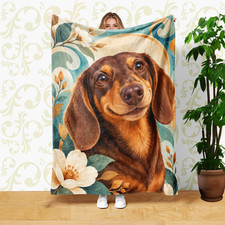 Brown Dog White Flowers Teal Coral Fleece Blanket Floral Decor