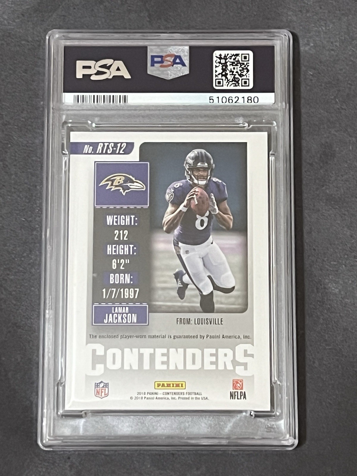 2018 Panini Contenders Lamar Jackson RC Rookie Ticket Swatches Patch PSA 10 view 3
