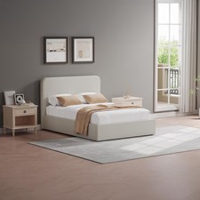 Beige Upholstered Double Ottoman Bed Frame Linen Padded Hydraulic Gas Lift