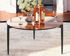 Round Tempered Glass Table: 31.5 inch Large Circle Top Metal Frame Brown