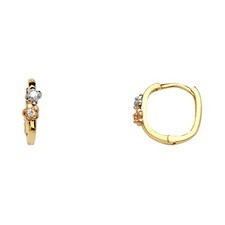 14k Tri-Color Gold Simple Huggie Hoop Flower Studded Earrings