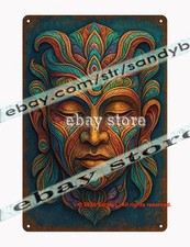 Ancient Tribal Guardian Mask Tin Sign Wall Art Metal Decor