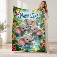 Baby Elephants Jungle Pond Coral Fleece Blanket Personalized Nursery Decor